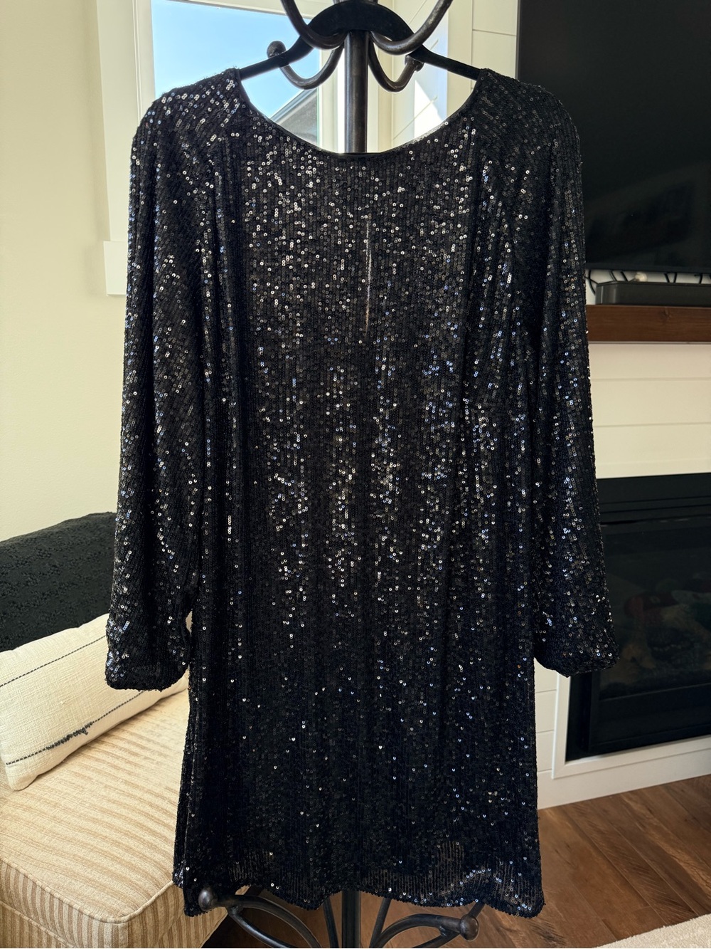 H&M Black Long-Sleeve Sequin Shift Dress